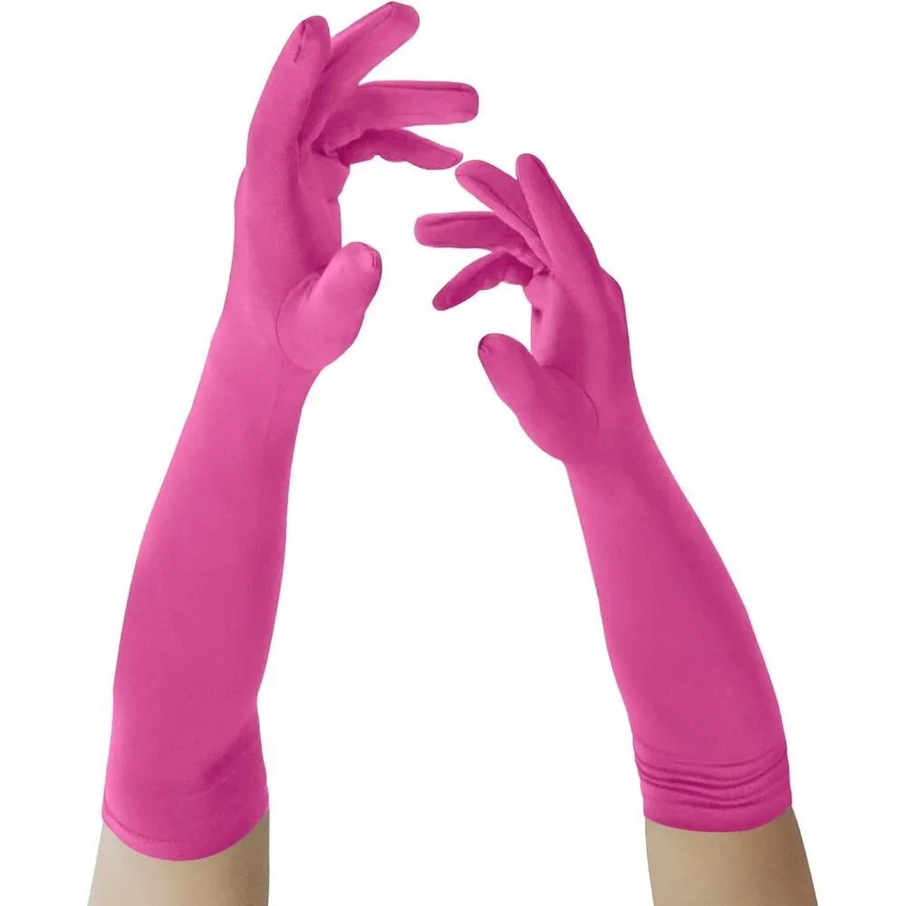 Women's Hot Pink Elbow Length Fabric Satin Gloves Halloween Costume Accessories